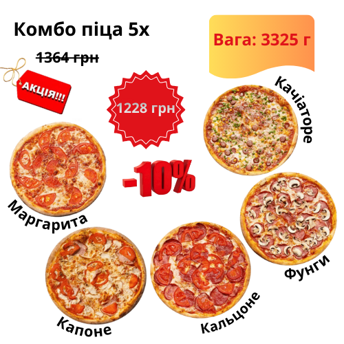 Пицца Маргарита, Капоне, Кальцоне, Фунги и Качиаторе Комбо Пицца Маргарита, Капоне, Кальцоне, Фунги и Качиаторе Комбо