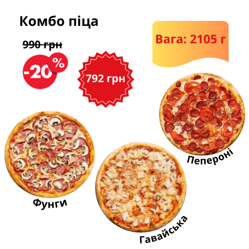 Комбо Пицца Фунги, Гавайская и Пепперони