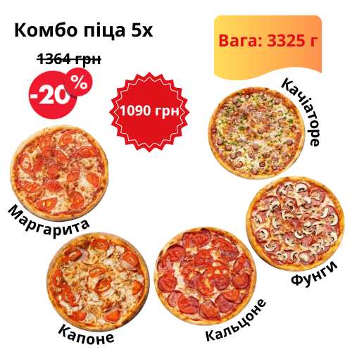 Пицца Маргарита, Капоне, Кальцоне, Фунги и Качиаторе Комбо